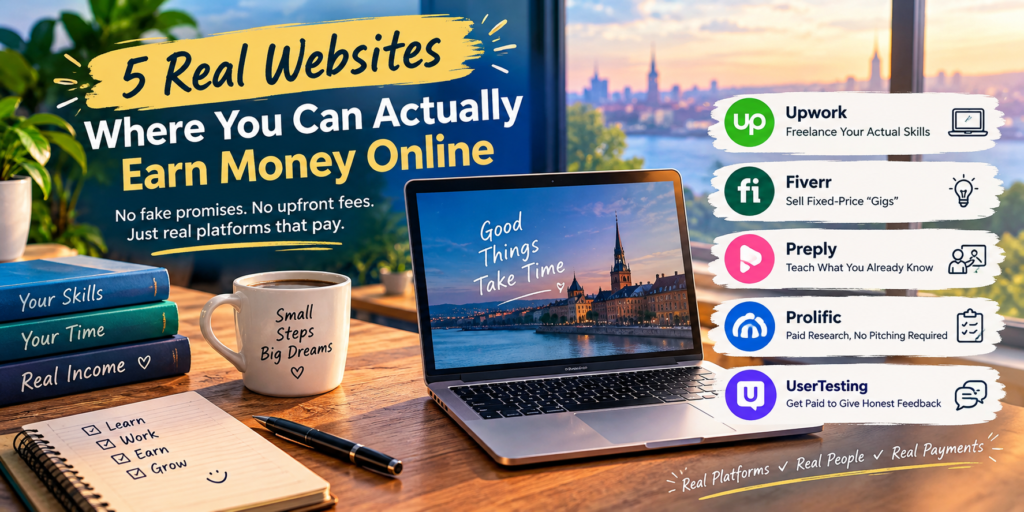 Laptop and coins representing real ways to make money online